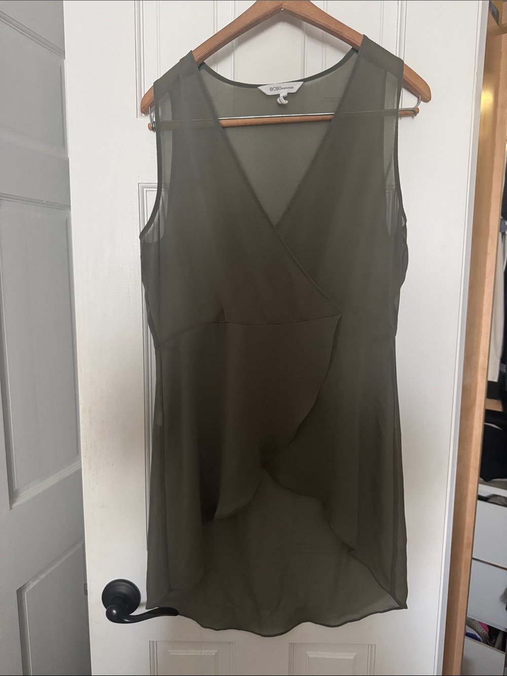 BCBGeneration Olive Green Sleeveless Wrap Sheer High Low Top